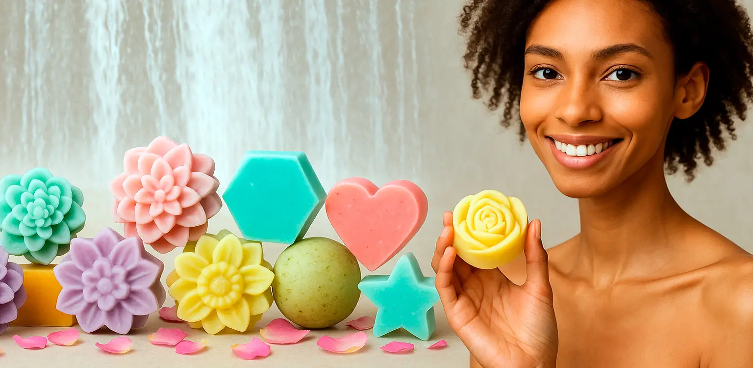 Jabones de glicerina con formas de flor, corazón y estrella en varios colores