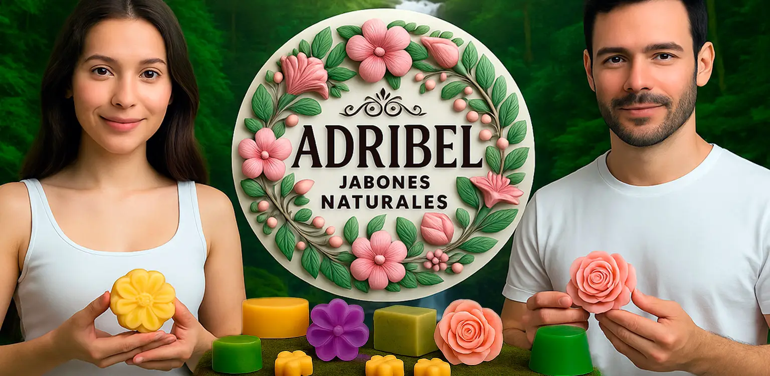 Dos personas sosteniendo jabones Adribel junto al logo de la marca
